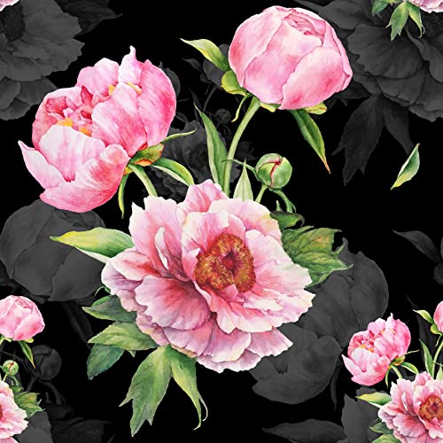 ReWallpaper Tapete Selbstklebend Schwarz Muster Tapete Dunkel Blumen Vintage Klebefolie Möbel Muster Pfingstrose für Schränke Fototapete Schlafzimmer Romantik Wandtapete Blumen 44.5CM x 3M von ReWallpaper