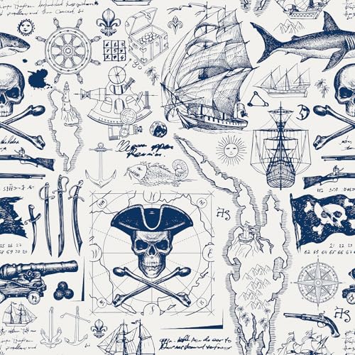 ReWallpaper Piraten Tapete Kinderzimmer Jungen 44.5CMx7M Möbelfolie Selbstklebend Blau Muster Segelboot Hai Folie für Möbel Schränke Türen Beige Klebetapete Selbstklebend Wand Schlafzimmer von ReWallpaper