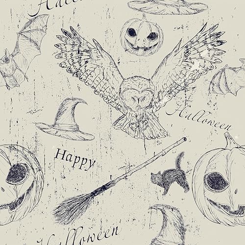 ReWallpaper Selbstklebende Tapete Beige Muster Halloween Folie für Möbel Kinder mit Eule Kürbis Klebetapete Selbstklebend Wand Vintage Beige für Kinderzimmer Schränke Matt 44.5cm×3m von ReWallpaper