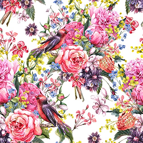 ReWallpaper Selbstklebende Tapete Blumen Bunt mit Vögeln Tapeten Wohnzimmer Rosa Pfingstrosen 44.5CM×3M Rolle Klebefolie Blumen Wand Tapete Selbstklebend Möbelfolie Muster Vögel Blumentapete Mädchen von ReWallpaper