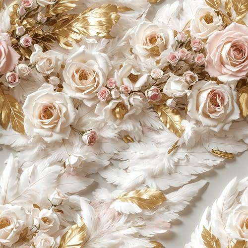ReWallpaper Selbstklebende Tapete Blumen Rosa 3d Tapete Federn Weiß Gold 44.5CM×7M Möbelfolie Selbstklebend Badezimmer Wasserfest Wandtapete Schlafzimmer Vintage 3d Effekt Abnehmbar von ReWallpaper