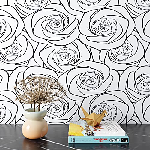 ReWallpaper 44.5CM×7M Selbstklebende Tapete Blumen Rose Klebefolie Schwarz Weiß Muster Moderne Minimalistische Tapete Fototapete Schlafzimmer Romantik Klebefolie Möbel Blumenmuster Vintage von ReWallpaper