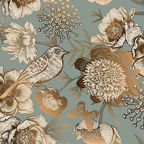 ReWallpaper Selbstklebende Tapete Grün Gold Blumentapete Selbstklebend Tapete Türkis Gold Mit Vögeln und Blumen Fototapete Vintage 44.5CM X 3M Klebetapete Selbstklebend Wand Klebefolie Möbel Muster von ReWallpaper