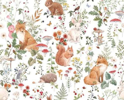 ReWallpaper Tapete Dschungel Tiere Selbstklebende Folie für Möbel Kinder Bunt Selbstklebende Tapete Pilze Vintage Mustertapete Weiß Fuchs Kaninchen 44.5CMx3M Klebefolie Wald für Türen Schrank von ReWallpaper