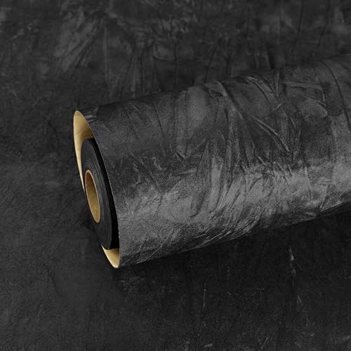 ReWallpaper Tapete Samt Schwarz Selbstklebende Tapete Beflockte Vintage Klebefolie Möbel Velours Schwarz 44.5cm×2m Samt Filzstoff Selbstklebend Samtbeflockung Dekofolie für Schrank Kommode Matt von ReWallpaper