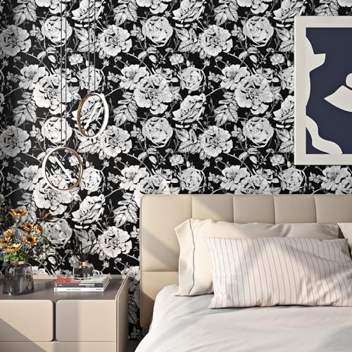 ReWallpaper Tapete Schwarz Floral Tapete Schlafzimmer Vintage Weiße Blumen Klebefolie für Schrankrückwand Tapete Blätter Grau 44,5CM × 3M Tapete Rose Selbstklebende Matt PVC von ReWallpaper