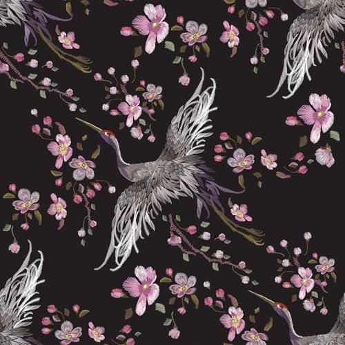 ReWallpaper Tapete Selbstklebend Schwarz Blumen Tapete Blumen Vintage Rosa für Mädchenzimmer Möbelfolie Selbstklebend Schwarz Mustertapete Kranich Weiß für Wand Schlafzimmer 44.5cm×3m von ReWallpaper