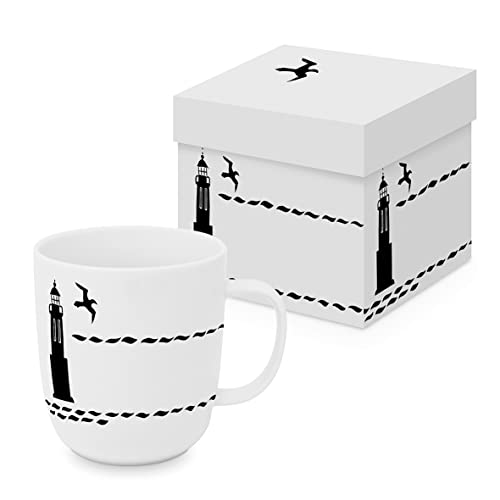 Becher Tasse aus Porzellan Leuchtturm Weiß Schwarz Maritim Geschenkverpackung Geschenkidee Henkelbecher Kaffebecher Trinkbecher Mug Geschirr 0,4L von ReWu