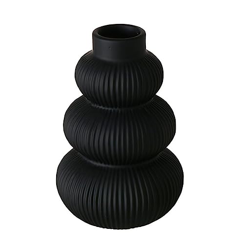 Blumenvase Schwarz Matt 21cm für Blumen Trockenblumen Pampasgras Boho Deko Rillenartige Verzierung aus Keramik Moderne Runde Vase von ReWu