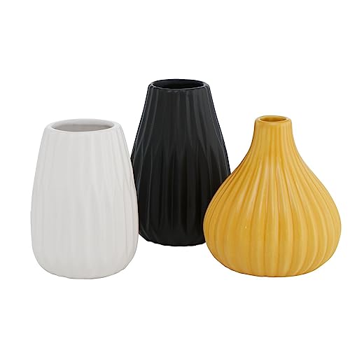 ReWu Blumenvase aus Keramik im 3er Set Mattes Design Mehrfarbig Höhe 14 cm Tischdekoration Moderne Vase Tischvase - Gelb Schwarz Weiß von ReWu