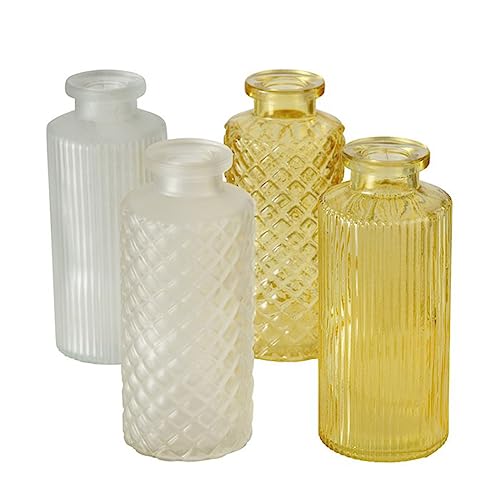 Blumenvase im 4er Set aus Glas in Flaschenform mit Relief Veredelung Dekovase Blumenvase für Ihren Wohnraum - Gelb von ReWu
