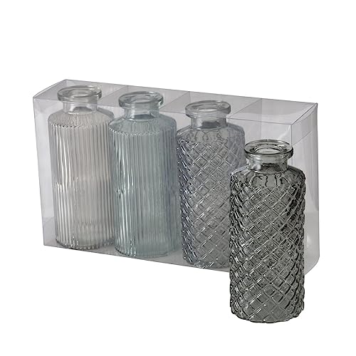 Blumenvase im 4er Set aus Glas in Flaschenform mit Relief Veredelung Dekovase Blumenvase für Ihren Wohnraum - Hellgrün von ReWu