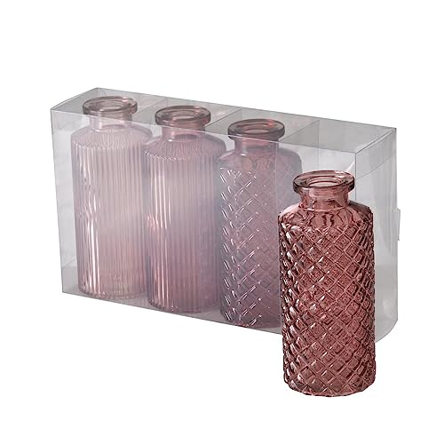 Blumenvase im 4er Set aus Glas in Flaschenform mit Relief Veredelung Dekovase Blumenvase für Ihren Wohnraum -Rosa von ReWu