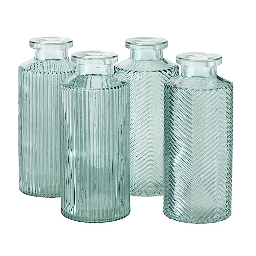 Blumenvase im 4er Set aus Glas in Flaschenform mit Relief Veredelung Dekovase Blumenvase für Ihren Wohnraum - Salbeigrün von ReWu