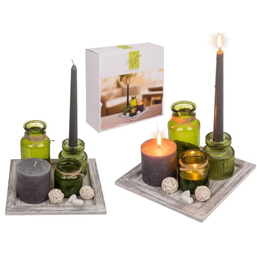 Deko Dekoteller Holzteller Weiß Naturfarben - mit Glasvase, Teelichthalter/Kerzenhalter 2in1 aus Glas, Kerze im Glas, Spitzkerze & Dekosteine - Grün Wohndekoration Tischdekoration 20 x 20 cm von ReWu
