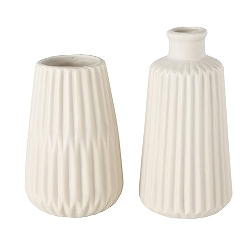 Deko Vase im 2er Set aus Keramik Mattes Design mit Rillen Höhe 18 cm Blumenvase Tischdekoration - Beige von ReWu