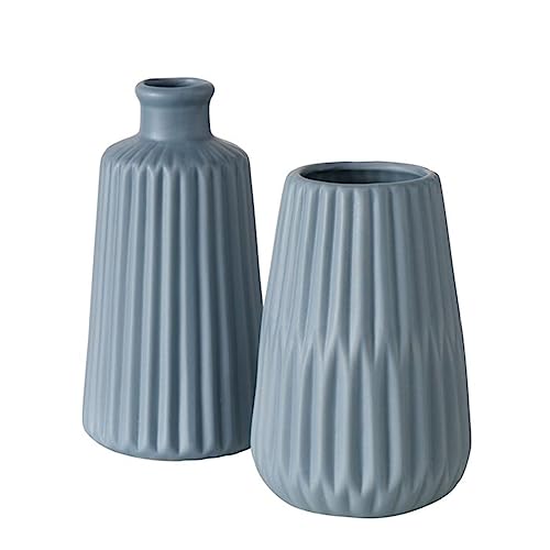 Deko Vase im 2er Set aus Keramik Mattes Design mit Rillen Höhe 18 cm Blumenvase Tischdekoration - Blau von ReWu