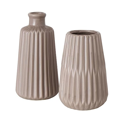 Deko Vase im 2er Set aus Keramik Mattes Design mit Rillen Höhe 18 cm Blumenvase Tischdekoration - Braun von ReWu