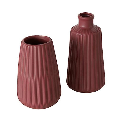 Deko Vase im 2er Set aus Keramik Mattes Design mit Rillen Höhe 18 cm Blumenvase Tischdekoration - Dunkelrot von ReWu