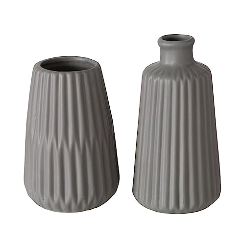 Deko Vase im 2er Set aus Keramik Mattes Design mit Rillen Höhe 18 cm Blumenvase Tischdekoration - Grau von ReWu