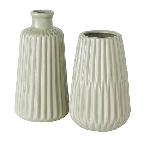 Deko Vase im 2er Set aus Keramik Mattes Design mit Rillen Höhe 18 cm Blumenvase Tischdekoration - Hellgrün von ReWu