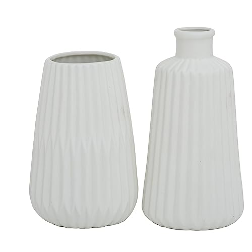 Deko Vase im 2er Set aus Keramik Mattes Design mit Rillen Höhe 18 cm Blumenvase Tischdekoration - Weiß von ReWu