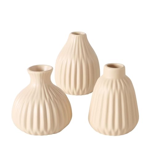 Deko Vase im 3er Set aus Keramik Mattes Design mit Rillen Höhe 11 cm Blumenvase Tischdekoration - Schwarz Beige von ReWu