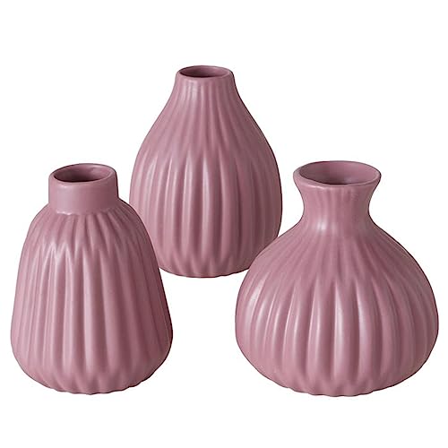 Deko Vase im 3er Set aus Keramik Mattes Design mit Rillen Höhe 12 cm Blumenvase Tischdekoration - Dunkel Rosa von ReWu