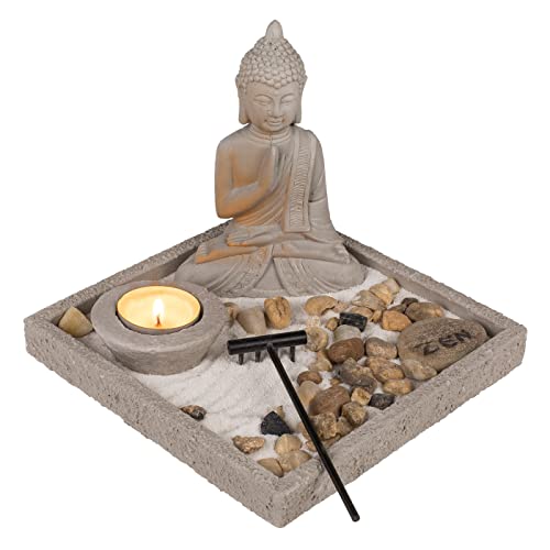 Dekor Dekoteller Buddha Zement-Teller Eckig Teelichthalter mit Kerzen und Dekoration Dekosteine Harke Sand Zen-Set, Geschenkset 18 x 18 x 15 cm von ReWu