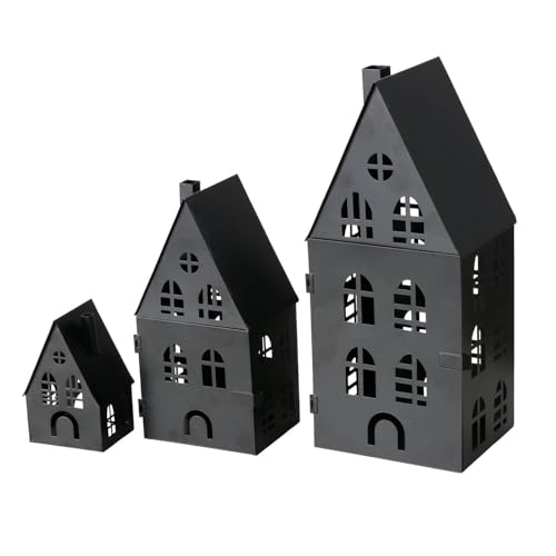 ReWu Laterne Lichthaus Set Dover 3-teilig Metallhäuser Teelichthalter Kerzenhalter Häuser Metall Schwarz Gartendekoration Balkon Terasse Wohndekoration von ReWu