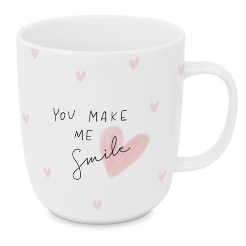Porzellanbecher 350 ml Kaffeebecher mit Henkel aus Porzellan Spülmaschinenfest & Mikrowellengeeignet Tasse für Kaffee & Tee Höhe 10,5 cm Ø 8 cm Weiß - You make me Smile von ReWu