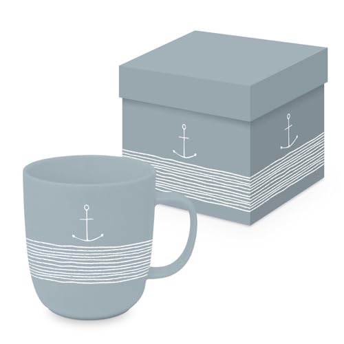 Porzellanbecher 350 ml Kaffeebecher mit Henkel aus Porzellan in Geschenkverpackung Spülmaschinenfest & Mikrowellengeeignet Tasse für Kaffee & Tee ? Höhe 10,5 cm Ø 8 cm Anker Blau von ReWu