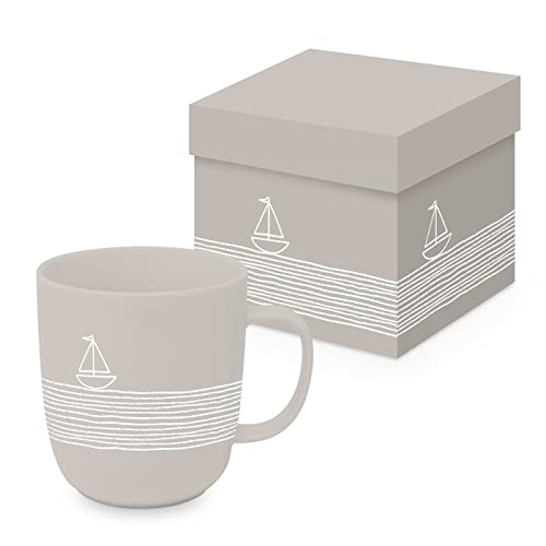 ReWu Becher Henkelbecher Beige Aufdruck Boot und Meer Porzellan Ø 21cm Maritim Geschirr Spülmaschinenfest Lebensmittelecht Geschenkkarton Kaffetasse Kaffebecher Mug von ReWu