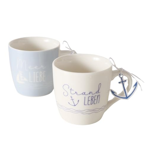 ReWu Becher Sailor Kaffebecher Trinkbecher 2er-Set Tasse Kaffetasse Maritim Weiß BlauAnker Boot Motiv Schriftzug Keramik 250ml von ReWu