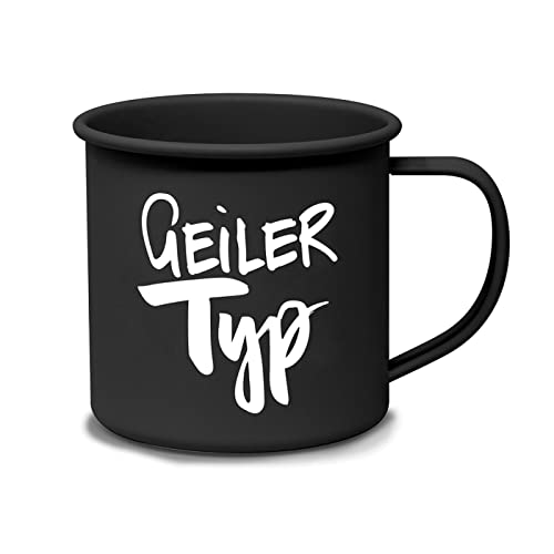 ReWu Becher Tasse aus Metall mit Schriftzug Geiler Typ Schwarz/Weiß Henkelbecher Kaffebecher Trinkbecher Mug 8x8,5x8,5cm von ReWu
