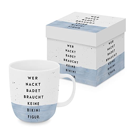 ReWu Becher Tasse aus Porzellan Bikinifigur Weiß Blau Schriftzug Geschenkverpackung Geschenkidee Henkelbecher Kaffebecher Trinkbecher Mug Geschirr 0,4L von ReWu