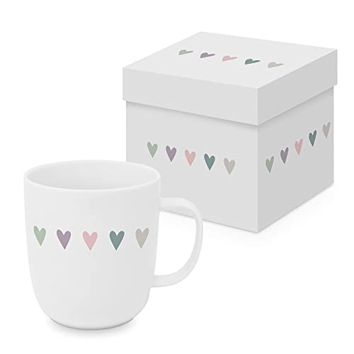 ReWu Becher Tasse aus Porzellan Herzchen Weiß Bunt Geschenkverpackung Geschenkidee Henkelbecher Kaffebecher Trinkbecher Mug Geschirr 0,4L von ReWu