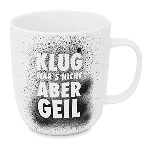 ReWu Becher Tasse aus Porzellan Schriftzug Klug War's Nicht Aber GEIL Weiß/Schwarz Henkelbecher Kaffebecher Trinkbecher Mug 9x9x10cm von ReWu