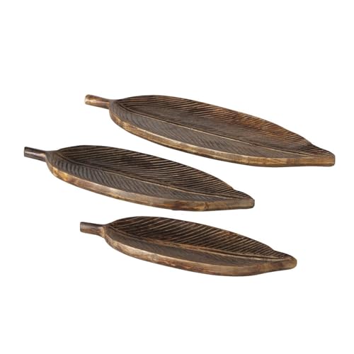 ReWu Deko Tablett Leafy Blattform 3er-SET - aus Mangoholz - Tablett Serviertablett Obstschale Dekorationsschale Tropisch Rustikal Braun Natur Wohndekoration Tischdekoration Holztablett SET von ReWu
