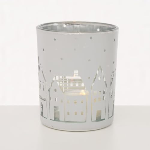 ReWu Elegante Glas-Windlichter im 2er Set Teelichthalter mit Häuser Motiv Elegante Weihnachtsdekoration für Stimmungsvolle Lichtquellen Weiß von ReWu