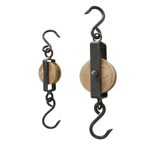 ReWu Garderobenhaken Wandhaken Flaschenzug aus Mangoholz und Metall Antikes Design 20-27 cm 2teiliges Set von ReWu