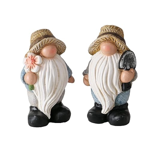 ReWu Gartenwichtel 2er Set Gartenfigur Höhe 15cm Sommerwichtel Mit Spaten und Blumen aus Keramik Dekofigur Gartenzwerg von ReWu