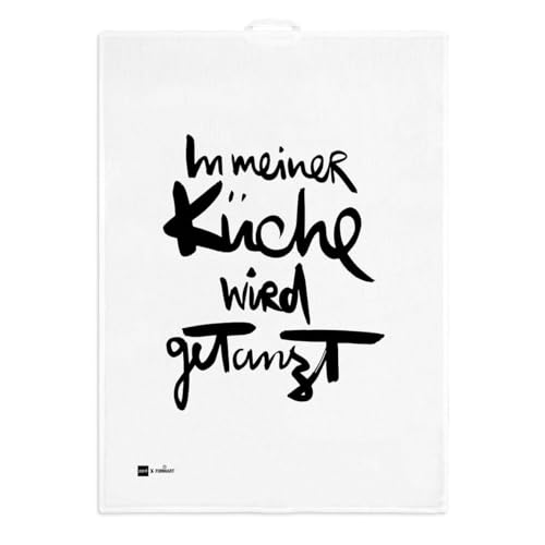ReWu Geschirrtuch Geschirrhandtuch 50 x 70 cm mit Spruch - Küchentuch aus 50% Leinen & 50% Baumwolle - saugfähig & waschbar - witziges Küchenhandtuch als Geschenk Deko - In meiner Küche Wird getanzt von ReWu