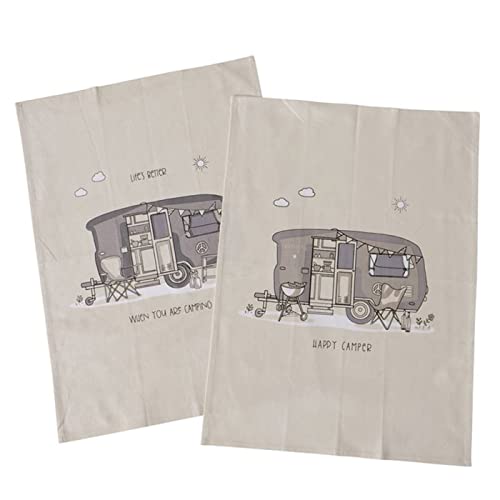 ReWu Geschirrtuch Vanlife Wohnwagen 2er-Set Mit Spruch Beige 100% Baumwolle Küchenhandtuch Trockentücher Abtrocktücher Küche Camping Putzlappen Geschirrhandtuch 50 x 70 cm von ReWu