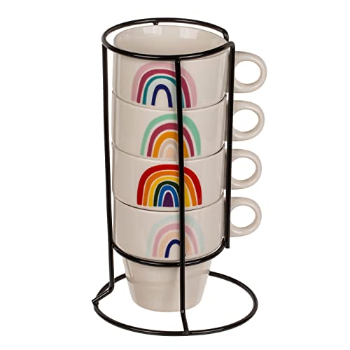 ReWu Kaffetassen Kaffebecher Henkelbecher Kaffemug Regenbogen mit Chromständer Stapelbar Mit Henkel 8 x 8,5 cm von ReWu