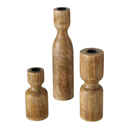 ReWu Kerzenhalter für Stabkerzen aus Holz im 3er Set im Vintage Design von ReWu