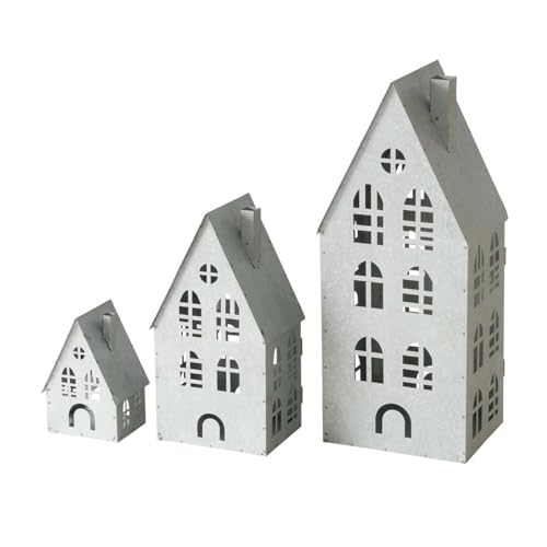 ReWu Laterne Lichthaus Dover 3er-Set Grau Häuser Metall Teelichthalter Kerzenhalter Metallhäuser Gartendekoration Balkon Terasse Wohndekoration von ReWu