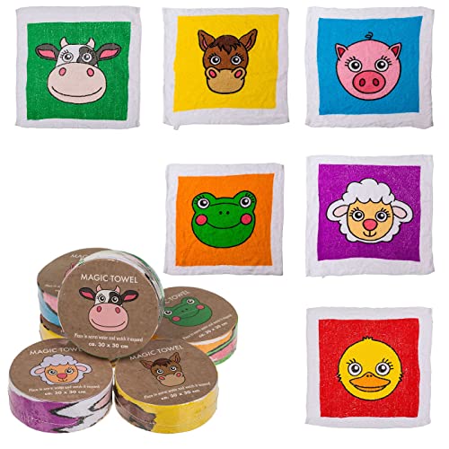 Magisches Baumwoll-Handtuch Zaubertuch Farmtiere 6er-Set für Kinder 30 x 30 cm Mitgebsel Geschenkidee Kindergeburtstag Geschenk Reisen 100% Baumwolle von ReWu