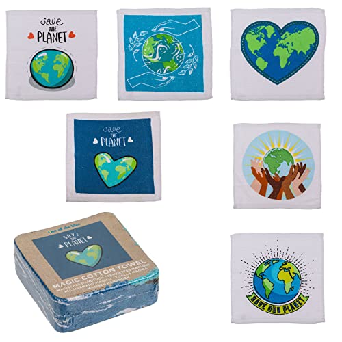 Magisches Baumwoll-Handtuch Zaubertuch Save The Planet 6er-Set für Kinder 30 x 30 cm Mitgebsel Geschenkidee Kindergeburtstag Geschenk Reisen 100% Baumwolle von ReWu