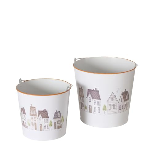ReWu Pflanztopf Bergström 2-teilig Pflanzeimer Blumentopf Metall Blumenkasten Deko Dekoration Henkel Häuser Motiv Groß Klein Eimer Weiß Wohnaccessoire Pflanzgefäße 21x20cm & 17x15cm von ReWu